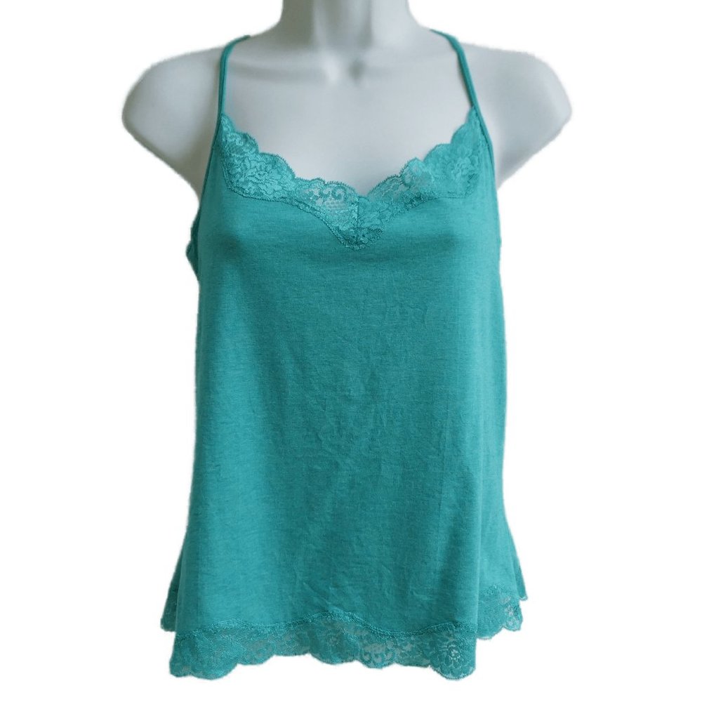 J. Jill Cami Tank Top Lace V Neck Hem Knit Adjustable Spaghetti Straps Teal USA